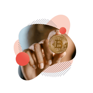 A graphic of a hand holding bitcoin, a type of cryptocurrency