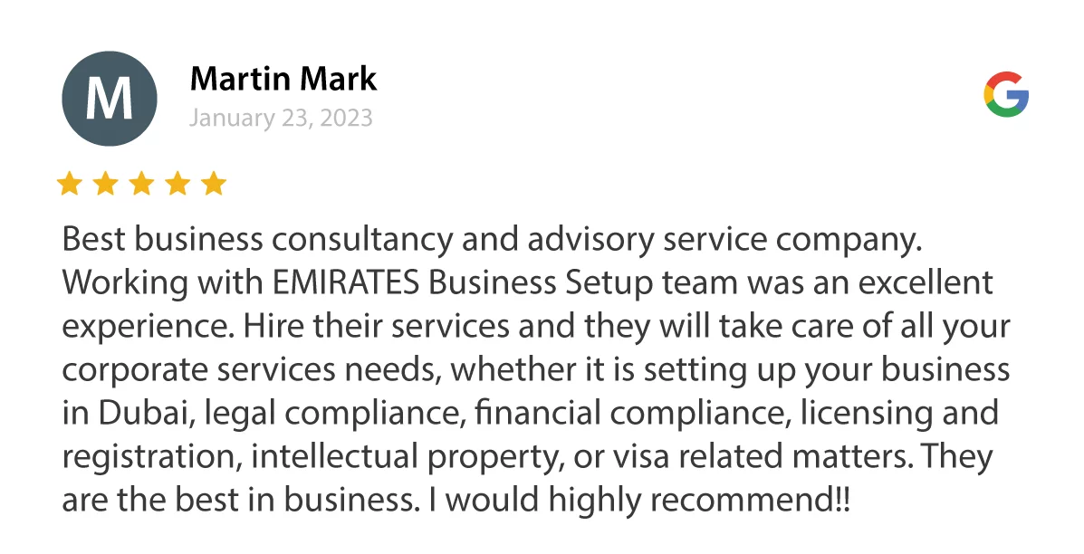 Martin reviews on google for Emirates Business Setup.