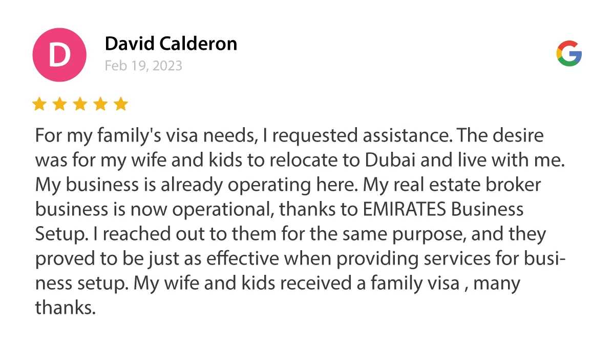David reviews on google for Emirates Business Setup.