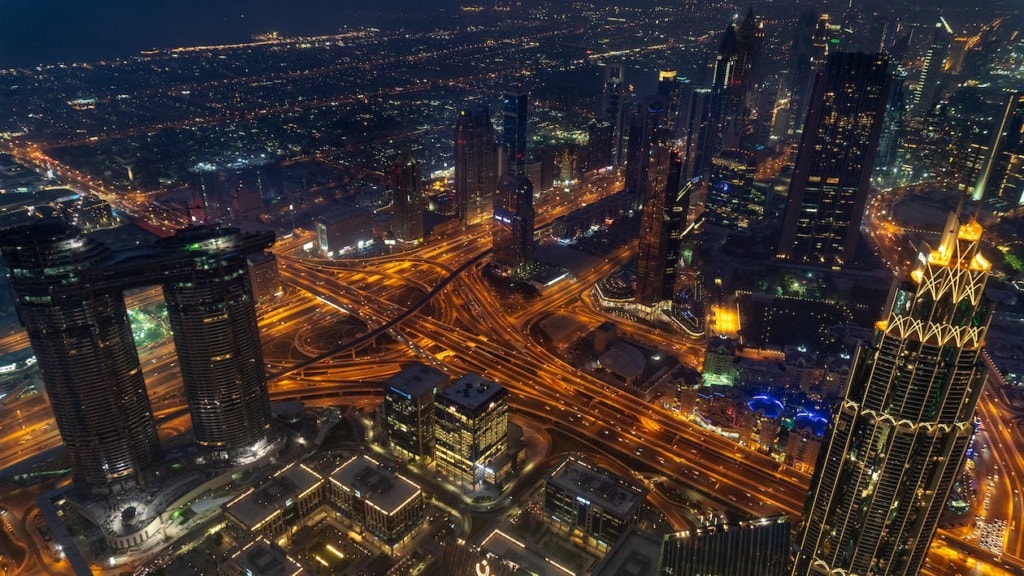 Aerial view of high-rise towers in Dubai, United Arab Emirates. 