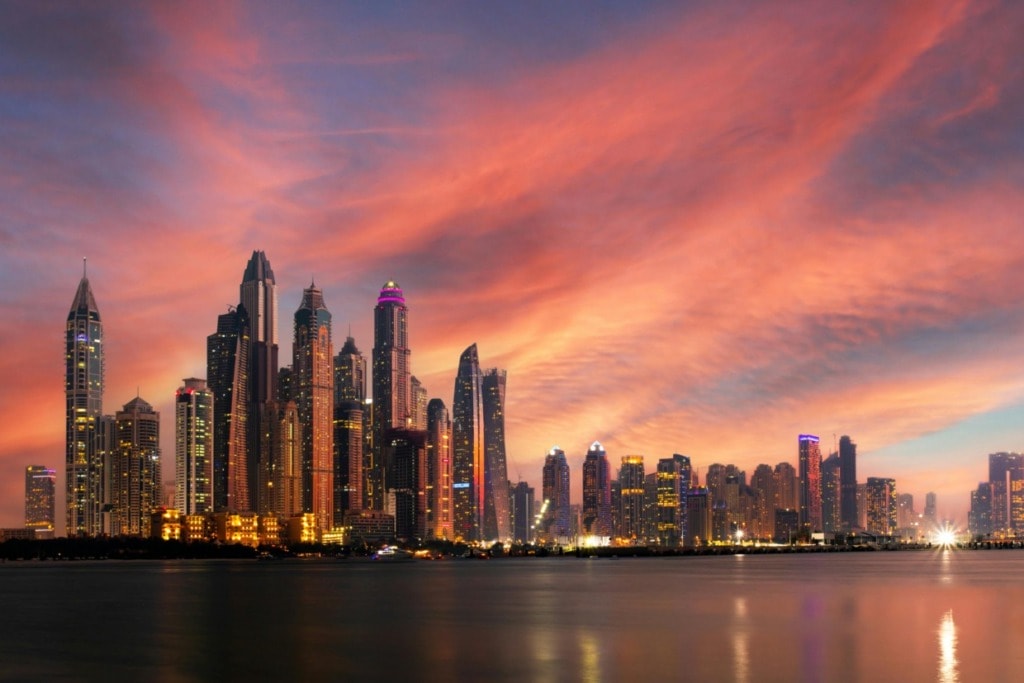 Sunset view at Dubai Marina, United Arab Emirates. 